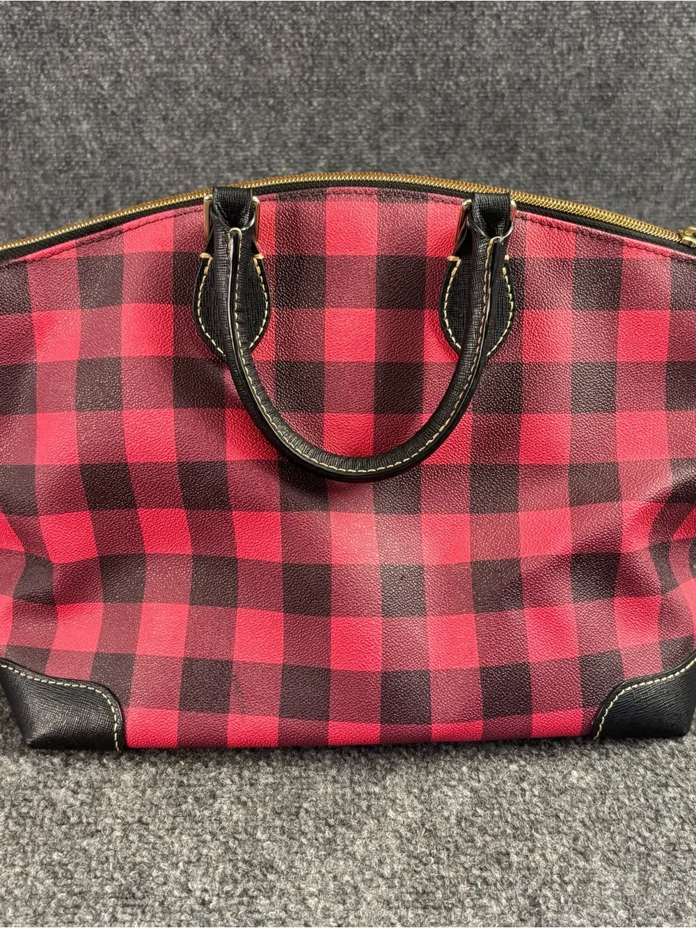 Red Buffalo Plaid Satchel with Black Leather Trim